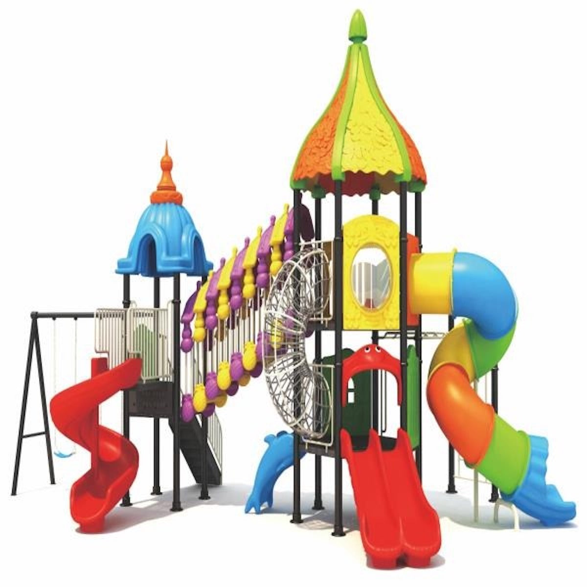 Colorful modular kids playset with slides spiral tube slide climbing nets and swings outdoor playground toys Dubai collection